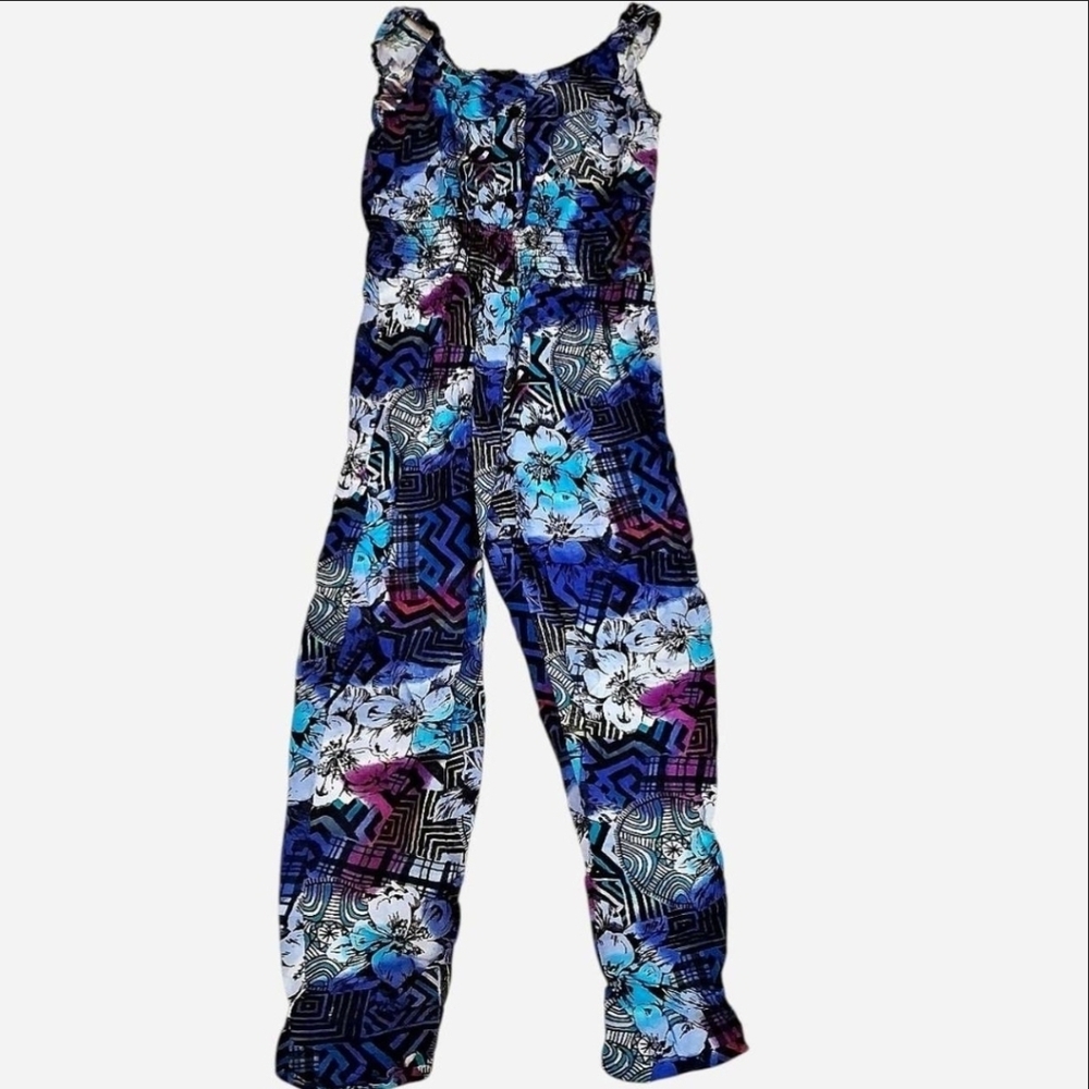 Vintage Blue Purple Tie dye floral boho print jumpsuit cotton size small